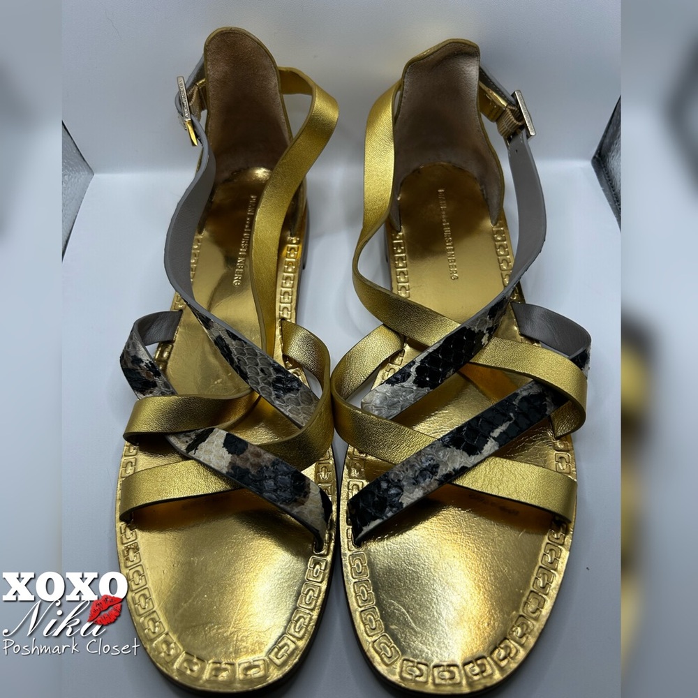DIANE VON FURSTENBERG Gold & Animal Print Straps Cannes Sandals - Eur 38/USA 8M - Picture 1 of 7